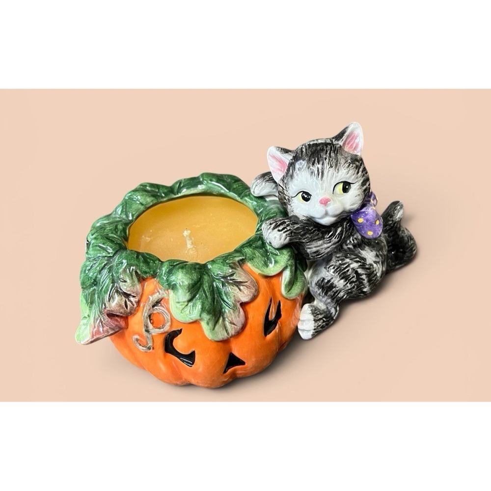 Fitz & Floyd Essentials Halloween Kitty Pumpkin Candle Holder Jar Jack-O-Lantern - Picture 6 of 12